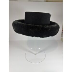 VTG Neiman Marcus Fur Felt Pillbox Hat Black Winter Formal Made in England